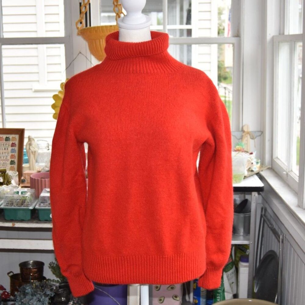 Vintage Heavy Wool Turtleneck Sweater Red Orange Knit Pullover Womens Medium